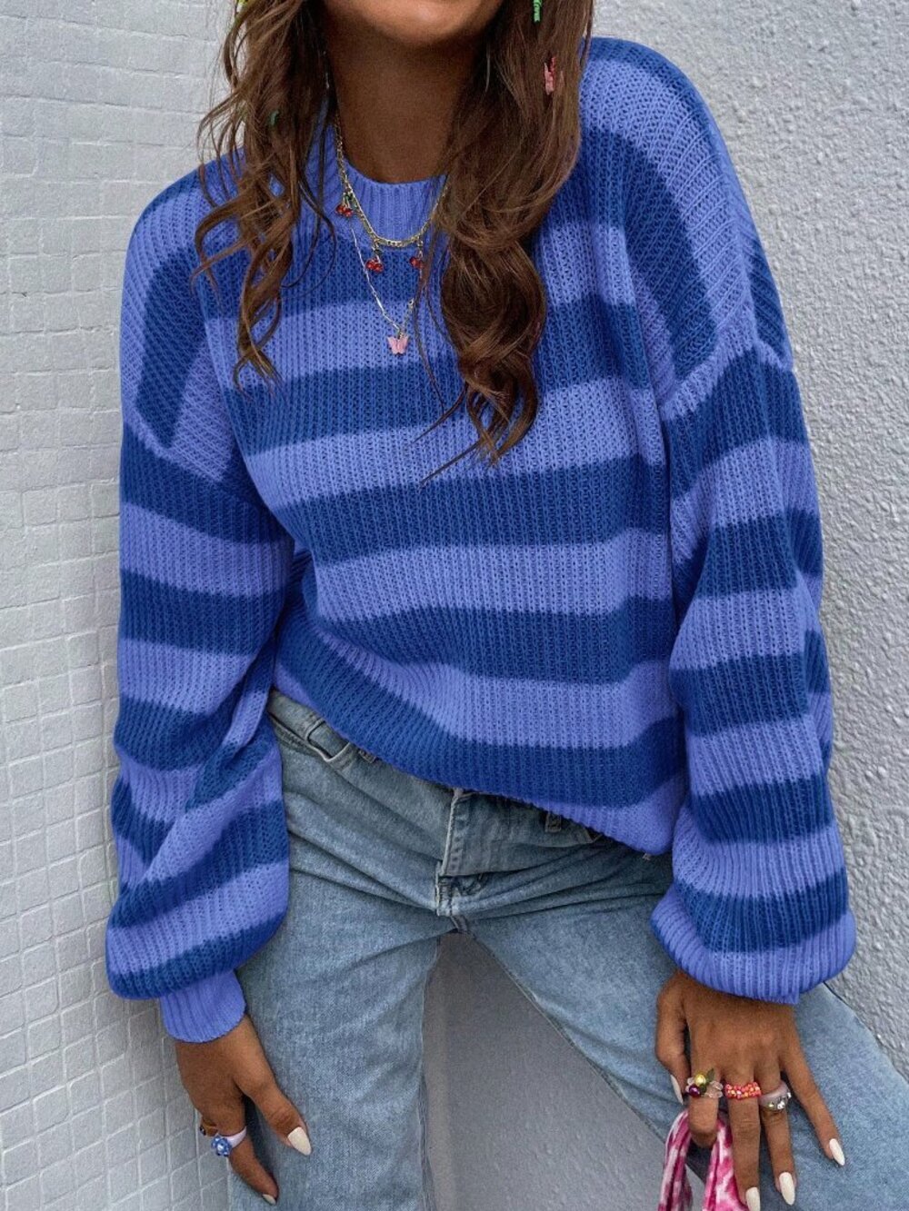 Blue Casual Women's Striped Drop Shoulder Sweater